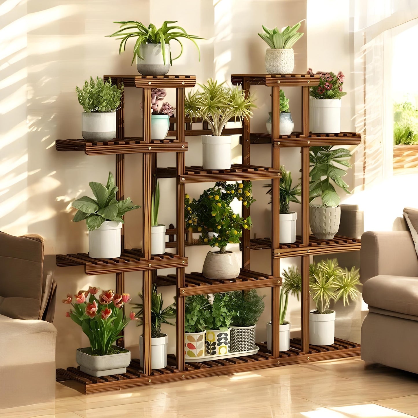 11 Tier Wooden Plant Stand | Indoor Outdoor Multi-Tier Flower Pot Holder Rack | Modern Garden Home & Patio decor