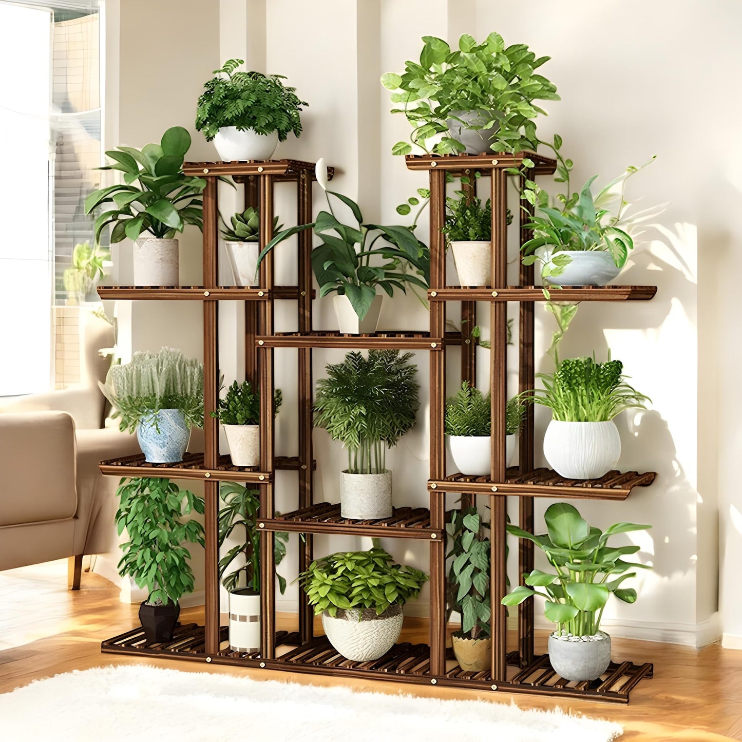 11 Tier Wooden Plant Stand | Indoor Outdoor Multi-Tier Flower Pot Holder Rack | Modern Garden Home & Patio decor