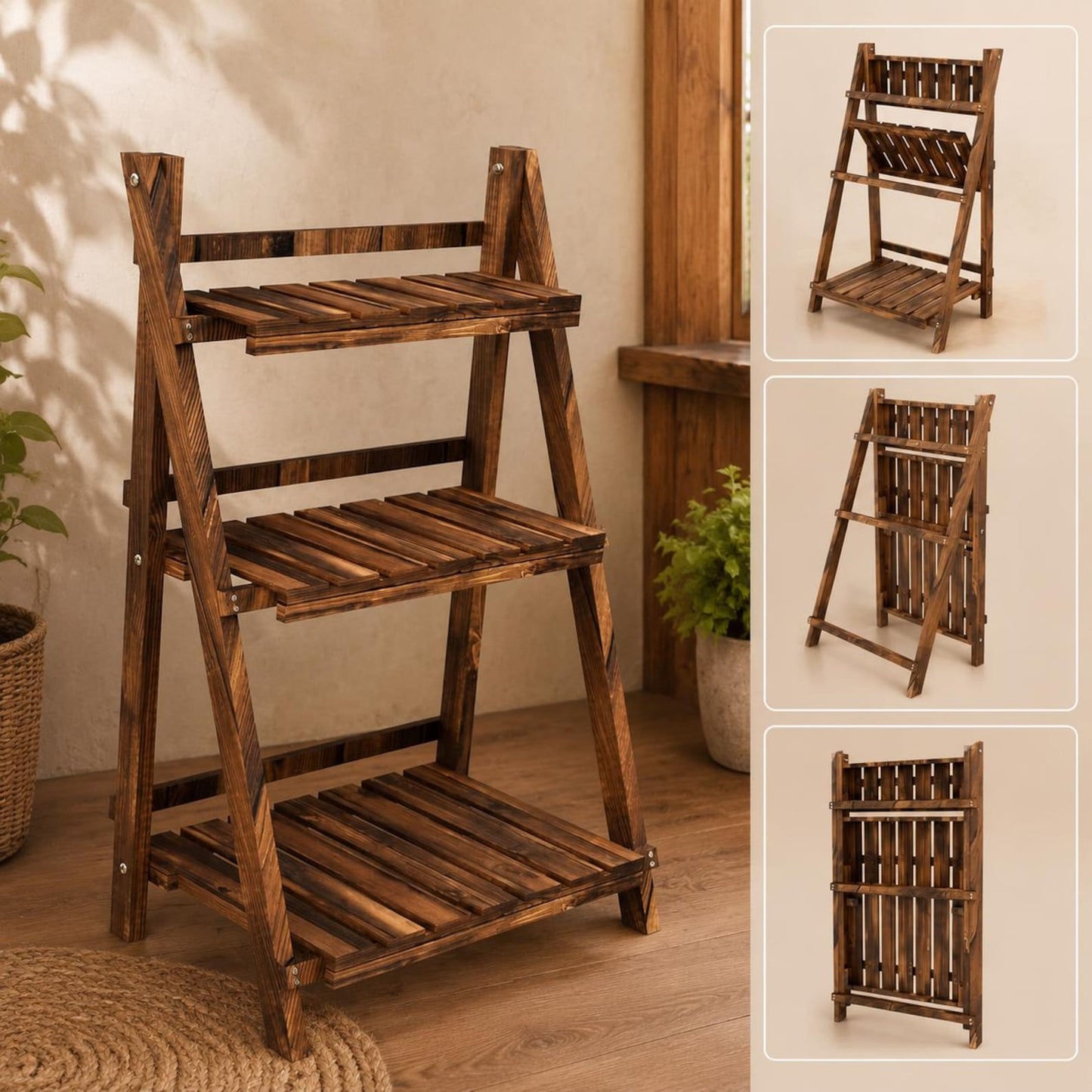 Wooden Folding Plant Stand, 3 Tier Foldable Plant Shelf, Indoor Outdoor Flower Pot Display Rack, Garden Ladder Plant Stand