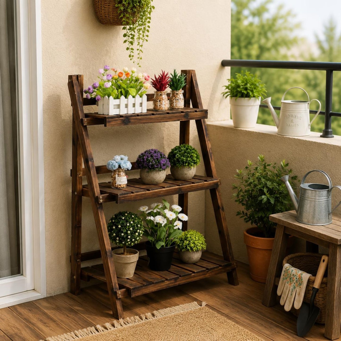 Wooden Folding Plant Stand, 3 Tier Foldable Plant Shelf, Indoor Outdoor Flower Pot Display Rack, Garden Ladder Plant Stand