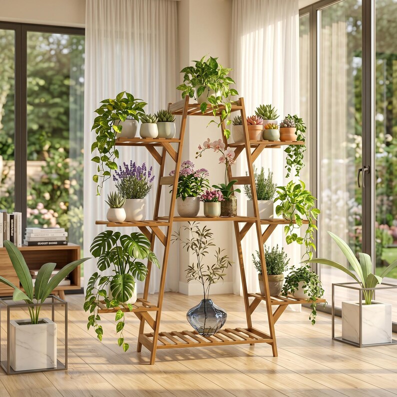 Multi-Tier Bamboo Plant Stand | Natural Wood Indoor Flower Rack, Balcony Shelf