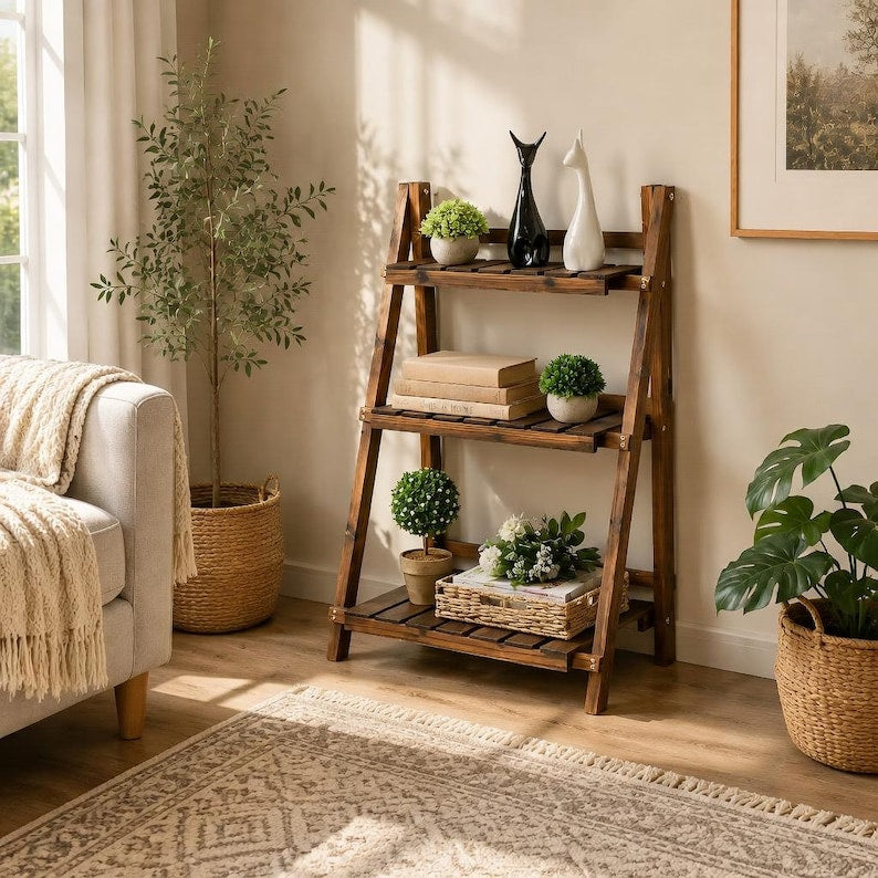 Wooden Folding Plant Stand, 3 Tier Foldable Plant Shelf, Indoor Outdoor Flower Pot Display Rack, Garden Ladder Plant Stand