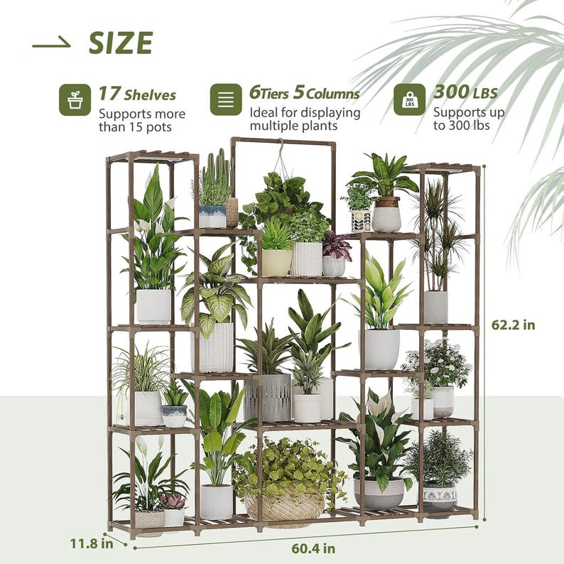 Large Solid Wood Plant Stand with Grow Lights – 17 Tier Indoor Shelf