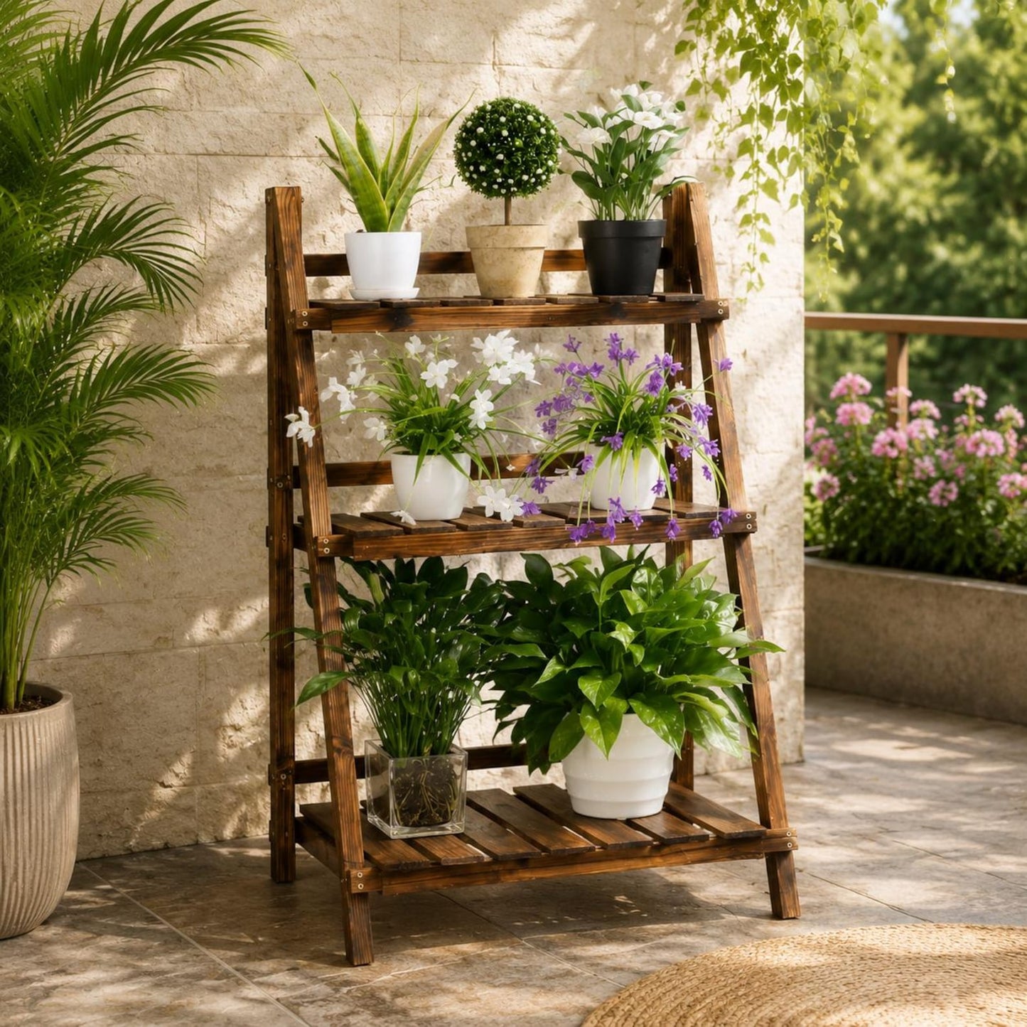 Wooden Folding Plant Stand, 3 Tier Foldable Plant Shelf, Indoor Outdoor Flower Pot Display Rack, Garden Ladder Plant Stand