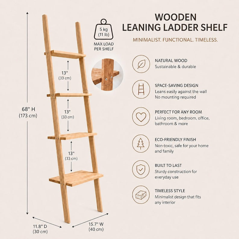 Wooden Ladder Plant Stand, 4 Tier Houseplant Shelf, Tall Indoor Display, Pine Wood Organizer
