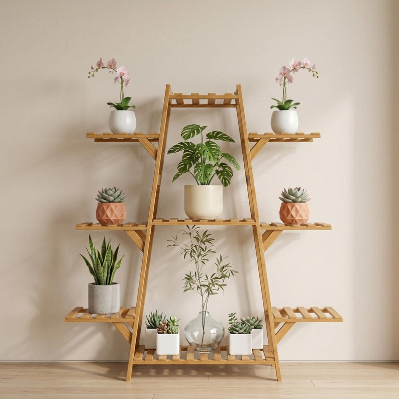 Multi-Tier Bamboo Plant Stand | Natural Wood Indoor Flower Rack, Balcony Shelf