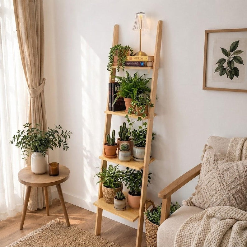 Wooden Ladder Plant Stand, 4 Tier Houseplant Shelf, Tall Indoor Display, Pine Wood Organizer