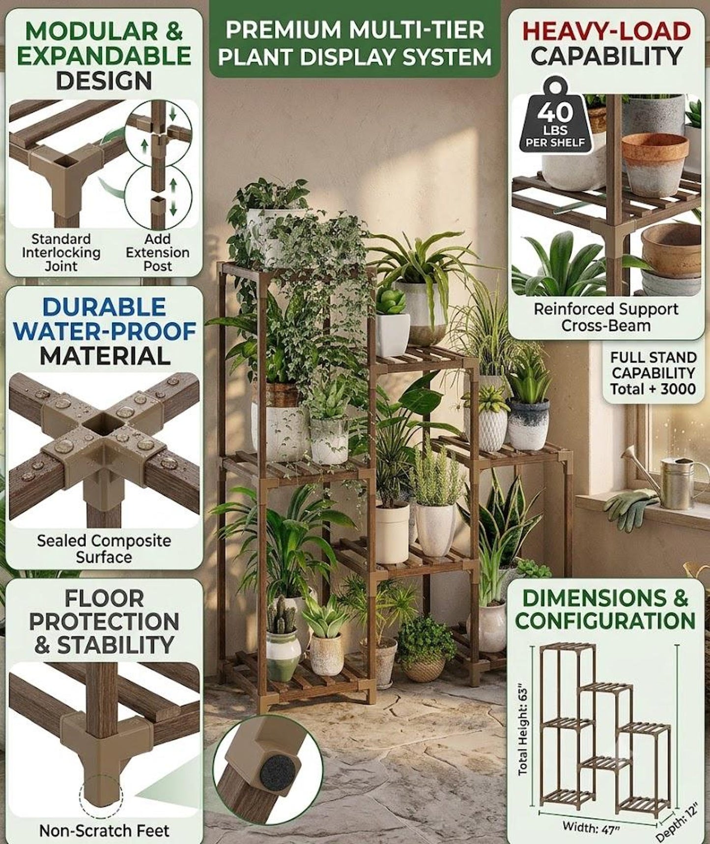 Wood Plant Stand | 3 Tier Plant Shelf | Indoor Outdoor Rack