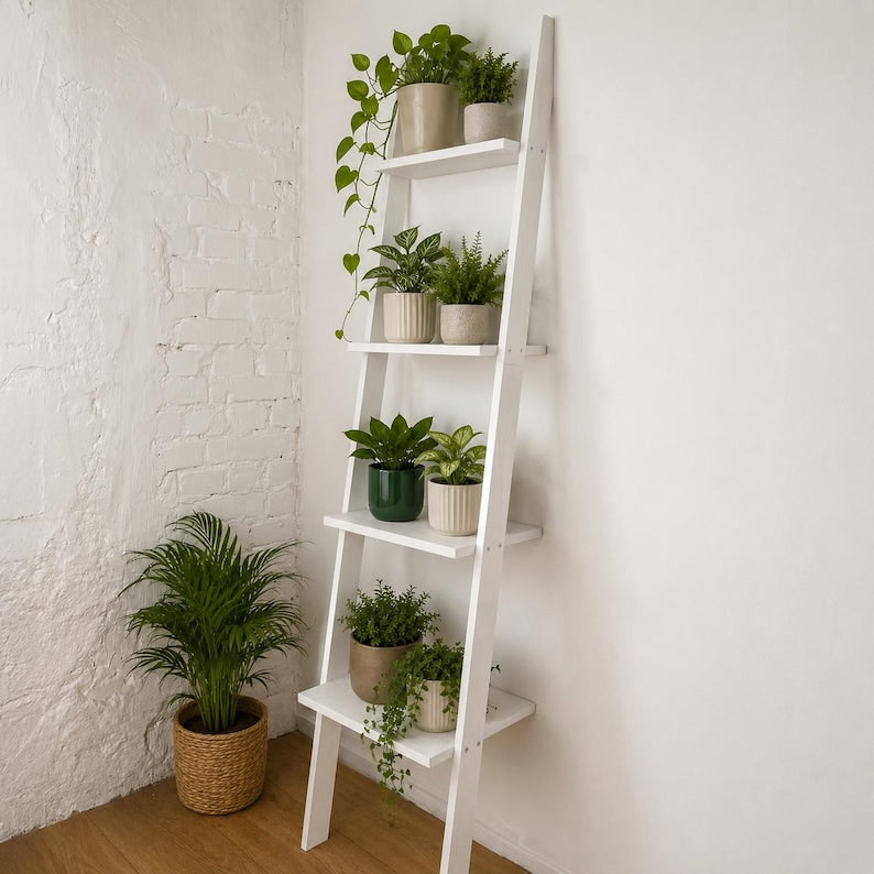 Wooden Ladder Plant Stand, 4 Tier Houseplant Shelf, Tall Indoor Display, Pine Wood Organizer