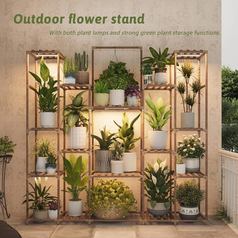 Large Solid Wood Plant Stand with Grow Lights – 17 Tier Indoor Shelf