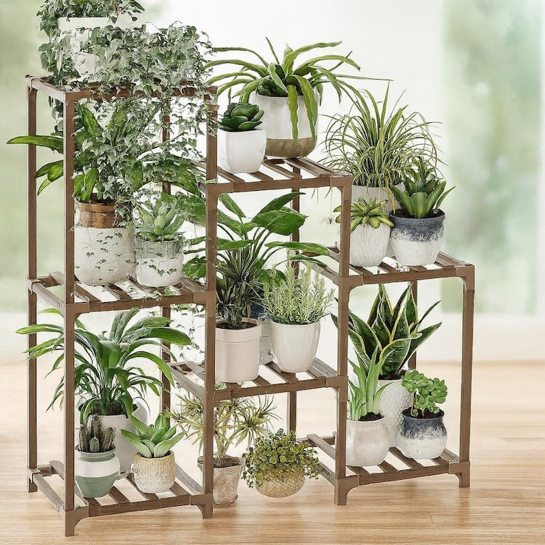 3-Tier Eucalyptus Wood Plant Stand: Boho Ladder Shelf