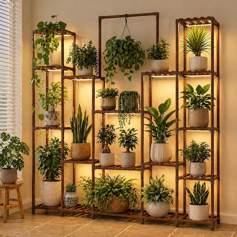 Large Solid Wood Plant Stand with Grow Lights – 17 Tier Indoor Shelf