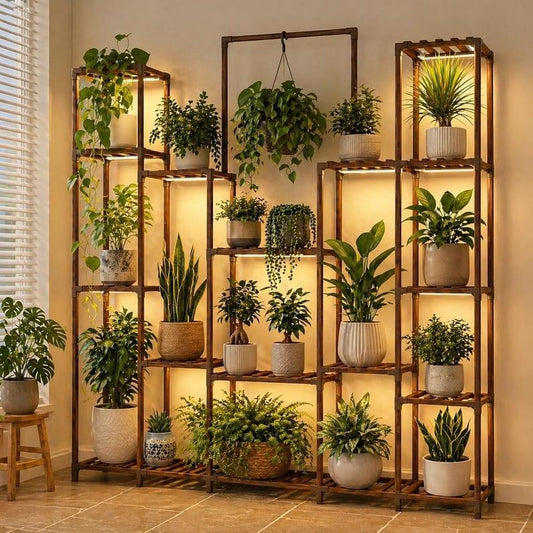 Large Solid Wood Plant Stand with Grow Lights – 17 Tier Indoor Shelf.