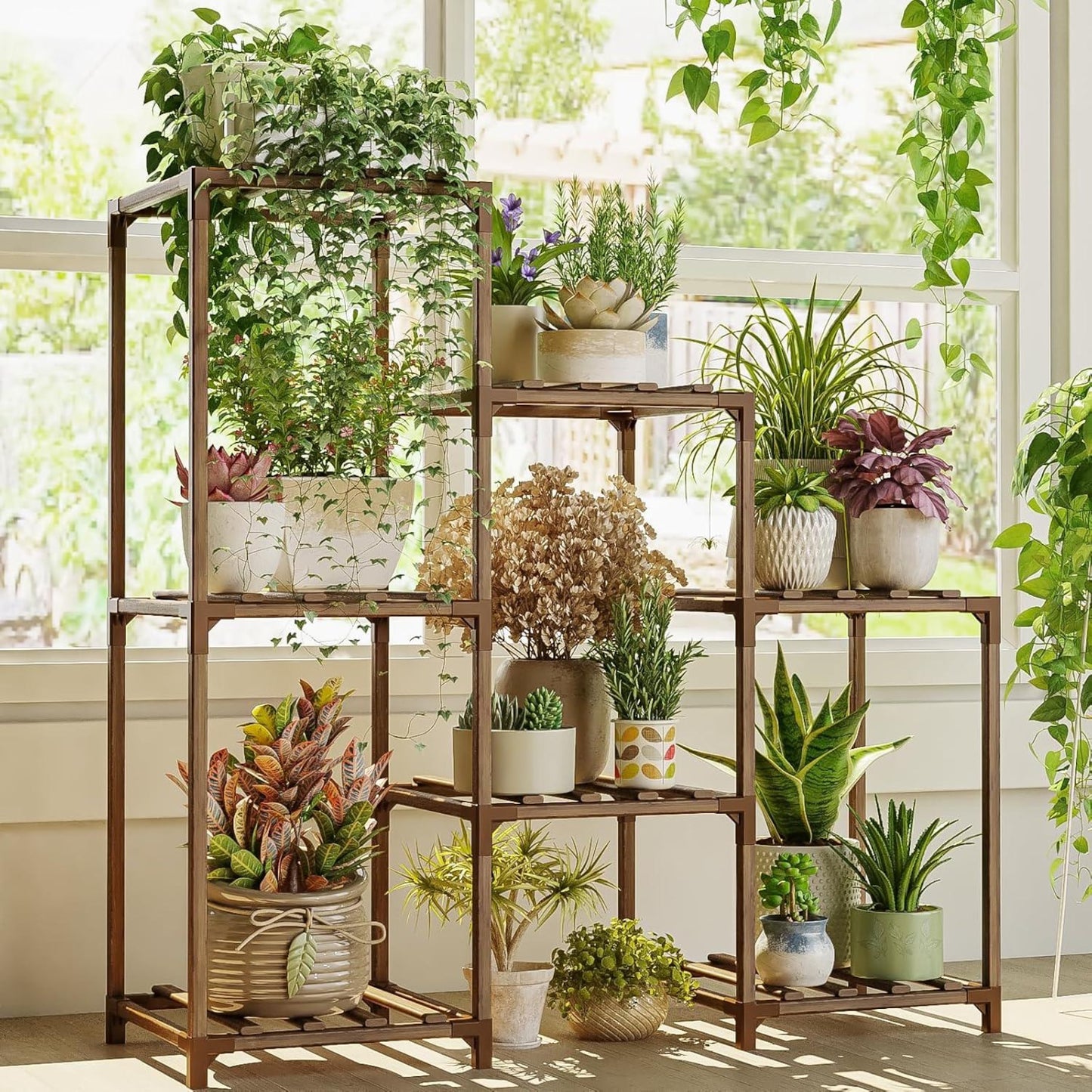 3-Tier Eucalyptus Wood Plant Stand: Boho Ladder Shelf