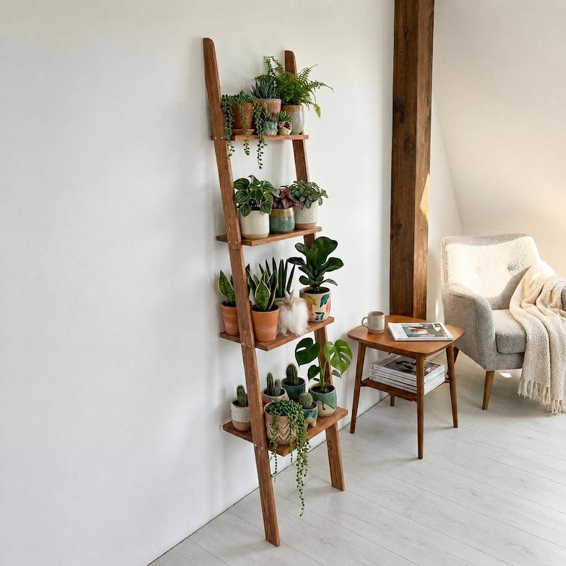 Wooden Ladder Plant Stand, 4 Tier Houseplant Shelf, Tall Indoor Display, Pine Wood Organizer