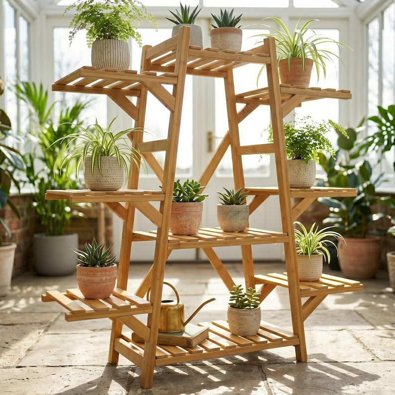 Multi-Tier Bamboo Plant Stand | Natural Wood Indoor Flower Rack, Balcony Shelf