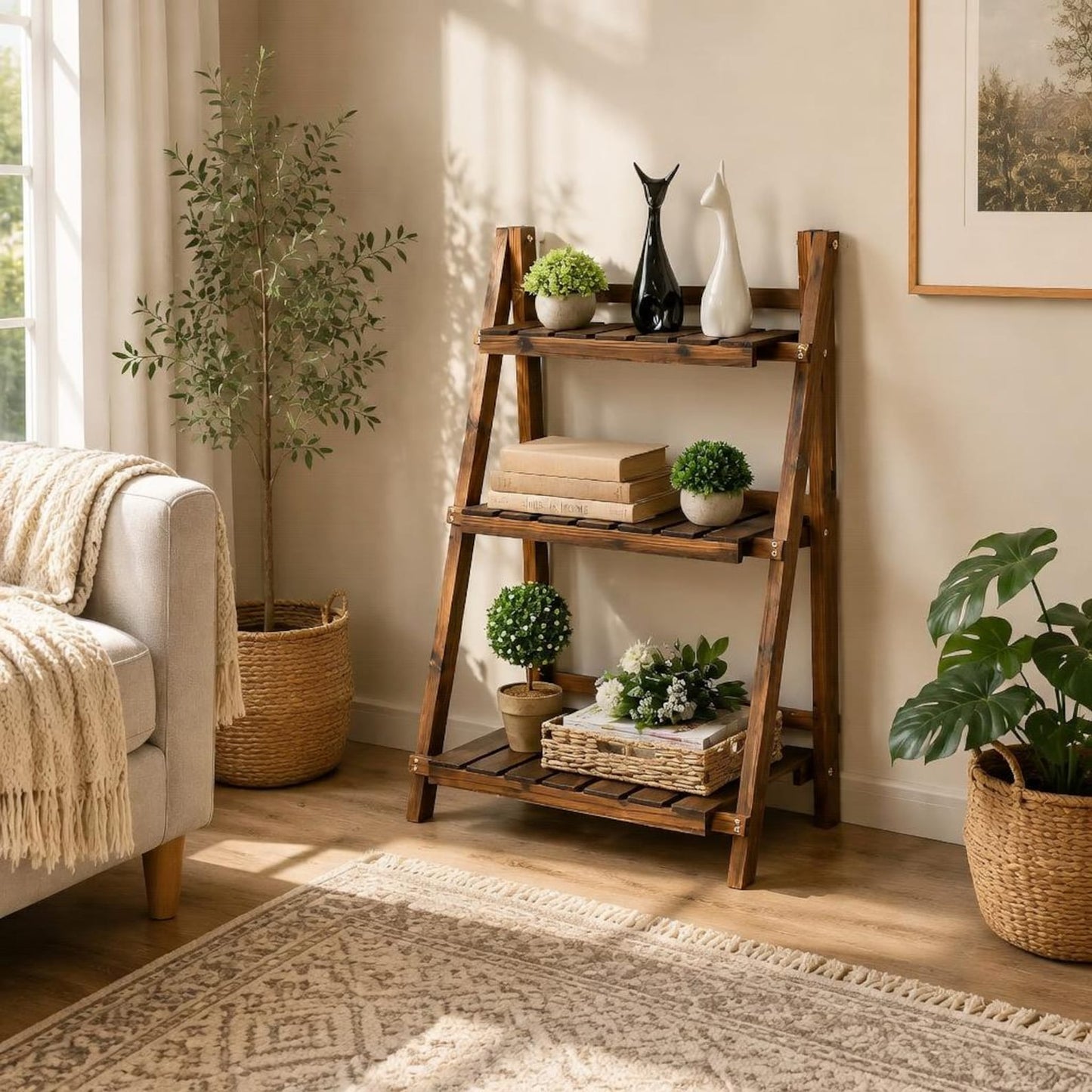 Wooden Folding Plant Stand, 3 Tier Foldable Plant Shelf, Indoor Outdoor Flower Pot Display Rack, Garden Ladder Plant Stand
