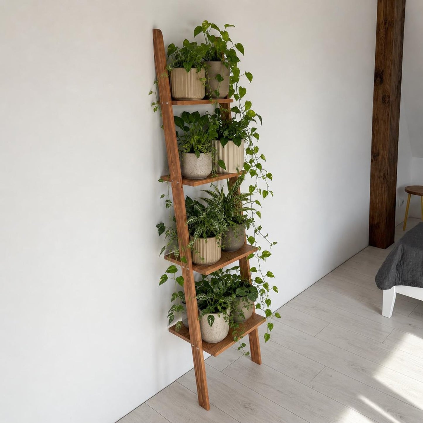 Wooden Ladder Plant Stand, 4 Tier Houseplant Shelf, Tall Indoor Display, Pine Wood Organizer