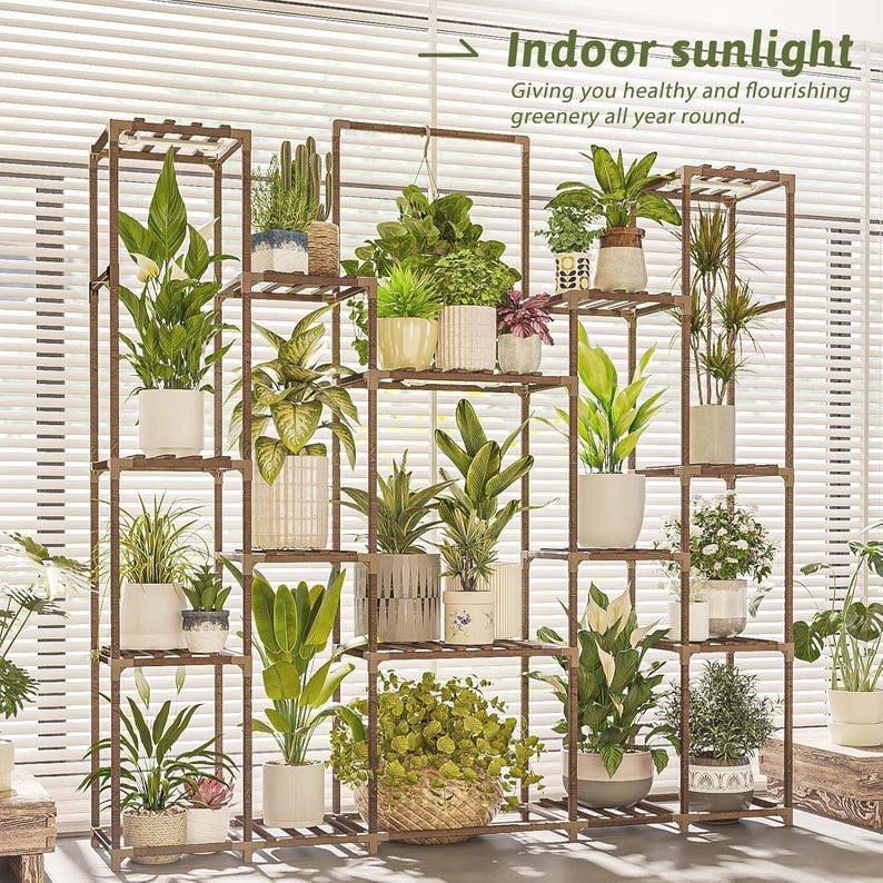 Large Solid Wood Plant Stand with Grow Lights – 17 Tier Indoor Shelf