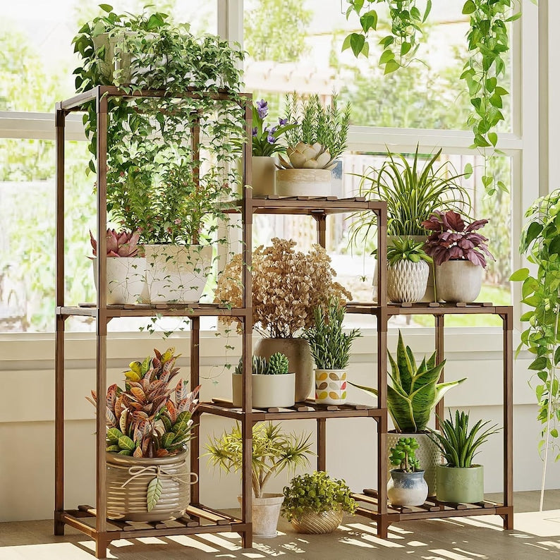 3-Tier Eucalyptus Wood Plant Stand: Boho Ladder Shelf