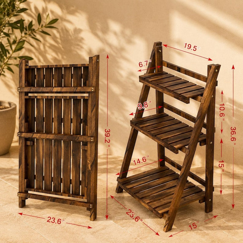 Wooden Folding Plant Stand, 3 Tier Foldable Plant Shelf, Indoor Outdoor Flower Pot Display Rack, Garden Ladder Plant Stand