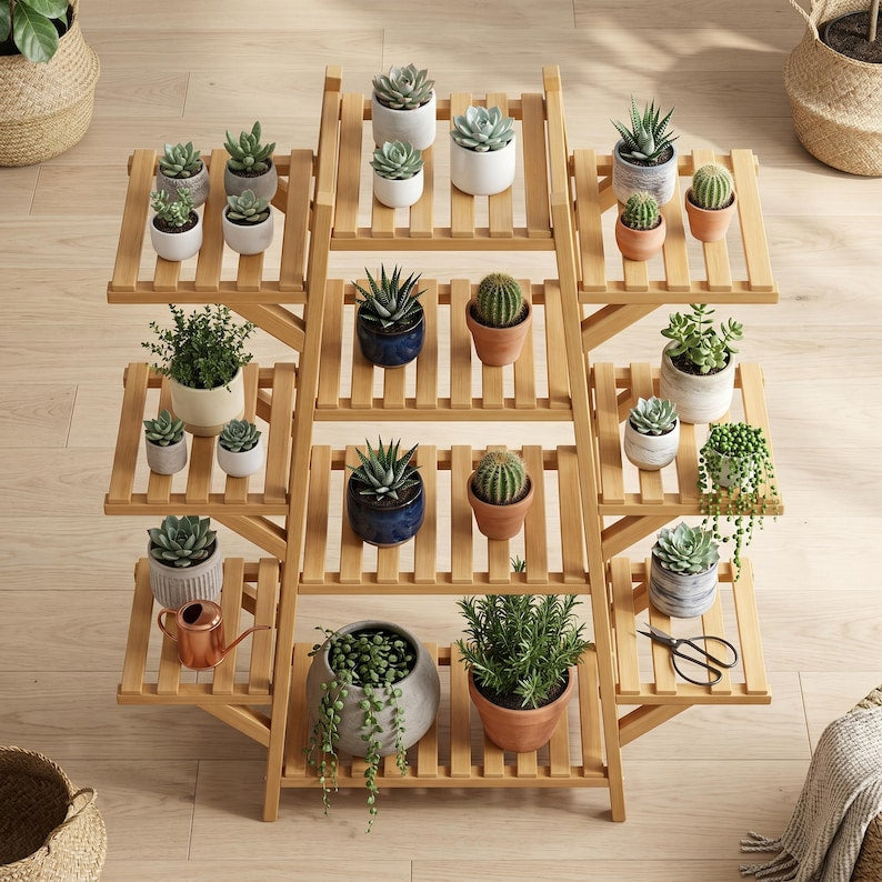 Multi-Tier Bamboo Plant Stand | Natural Wood Indoor Flower Rack, Balcony Shelf