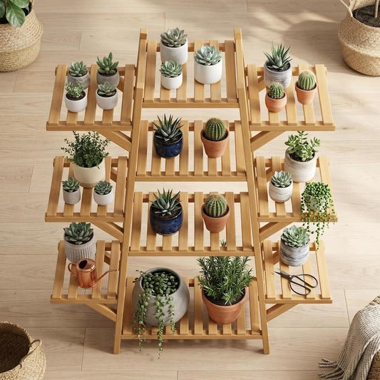 Multi-Tier Bamboo Plant Stand | Natural Wood Indoor Flower Rack, Balcony Shelf.