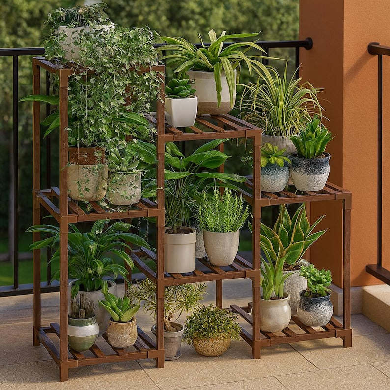 3-Tier Eucalyptus Wood Plant Stand: Boho Ladder Shelf